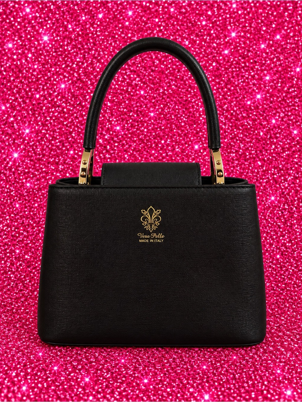 Vera Pelle Black Top-Handle Satchel with Gold Accents